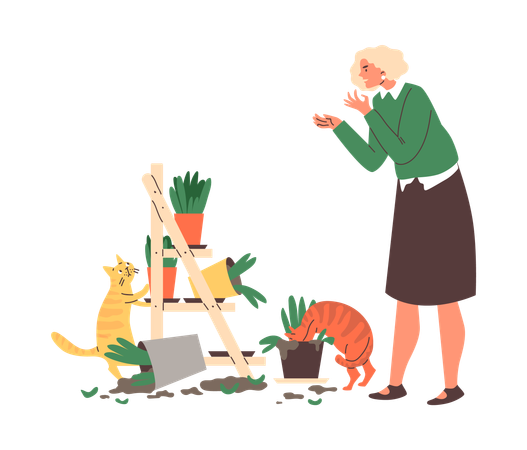 Une femme frustrée par les dégâts causés par son animal de compagnie et qui a renversé son sapin de Noël  Illustration