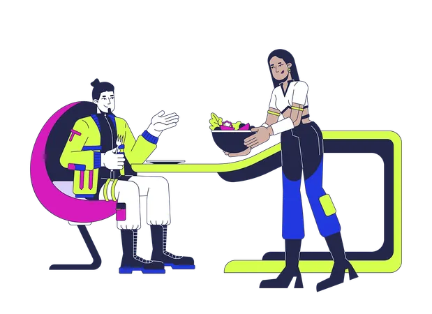 Femme futuriste servant une salade à un homme  Illustration