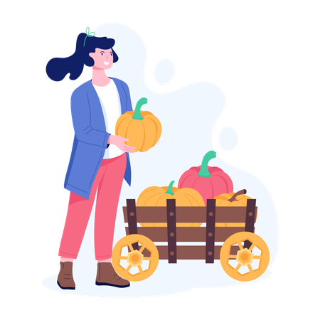 Femme gardant des citrouilles dans un chariot à citrouilles  Illustration