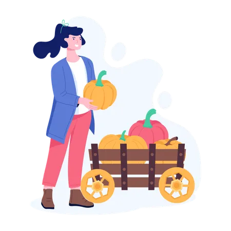 Femme gardant des citrouilles dans un chariot à citrouilles  Illustration