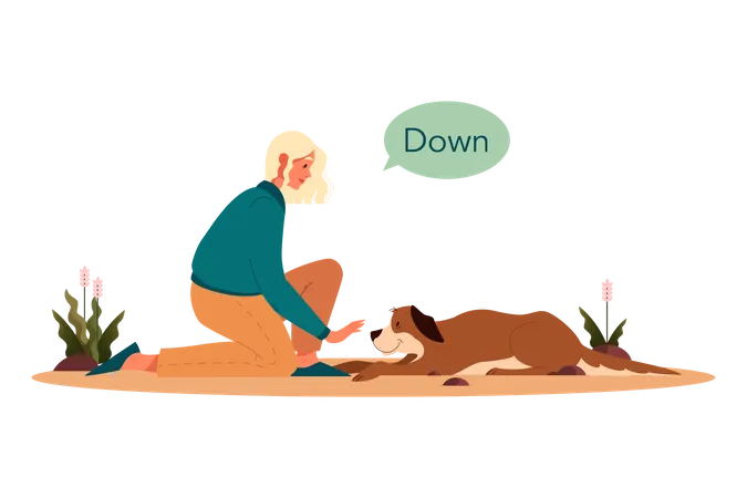 Femme gardant son chien à terre à l'aide d'une commande  Illustration