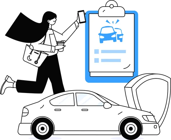 Une femme garde sa voiture chez une compagnie d'assurance  Illustration