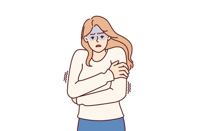 Femme glaciale serrant les épaules essayant de rester au chaud et ressentant des frissons après avoir contracté la grippe  Illustration