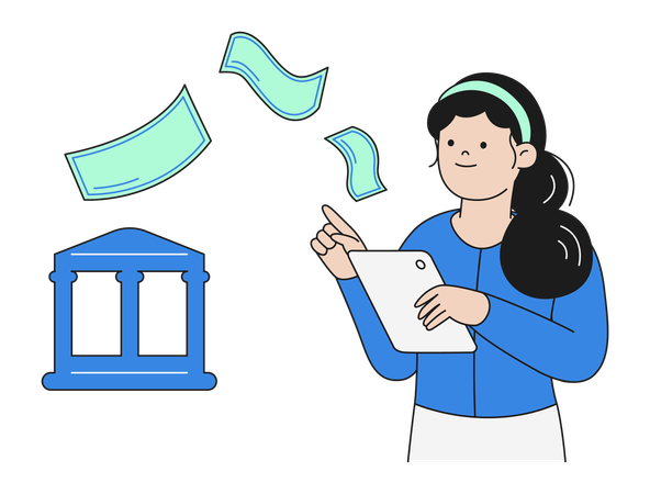 Femme gérant des transactions bancaires en ligne et des transferts d'argent  Illustration