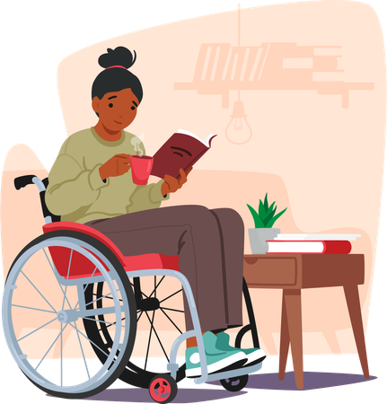 Femme handicapée en fauteuil roulant et livre de lecture  Illustration