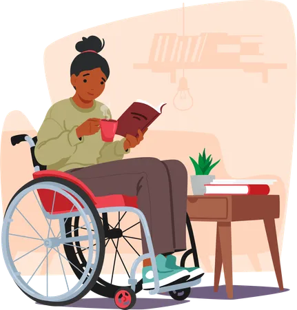 Femme handicapée en fauteuil roulant et livre de lecture  Illustration