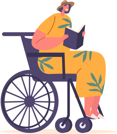 Femme handicapée en fauteuil roulant, livre de lecture  Illustration