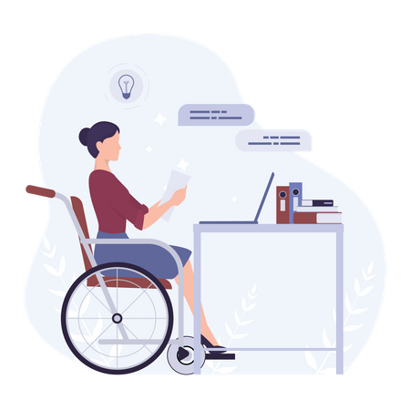 Femme handicapée en fauteuil roulant travaillant au bureau  Illustration