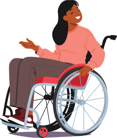 Femme souriante et inclusive, handicapée, utilisant un fauteuil roulant pour se déplacer  Illustration