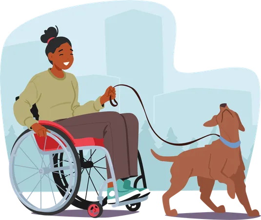 Femme handicapée jouant avec un chien  Illustration