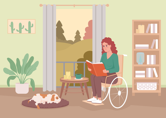 Femme handicapée lisant un livre  Illustration