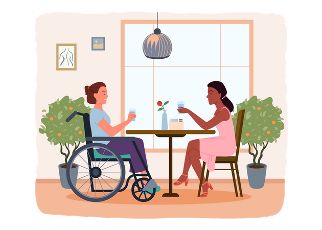 Femme handicapée prenant le dîner au restaurant  Illustration