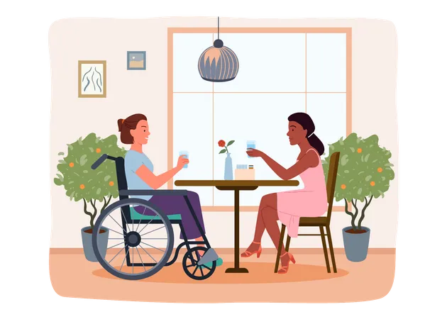 Femme handicapée prenant le dîner au restaurant  Illustration