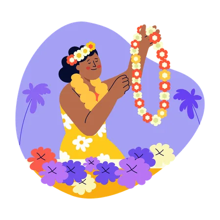 Femme hawaïenne tient une guirlande de fleurs  Illustration