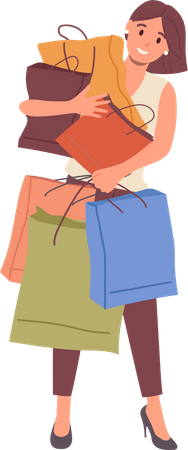 Happy woman shopper tenant avec beaucoup de sacs à provisions ressentant le plaisir de l'achat  Illustration