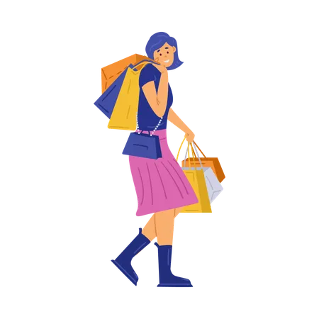 Une femme heureuse, accro au shopping, tient beaucoup de sacs avec des achats dans ses mains  Illustration