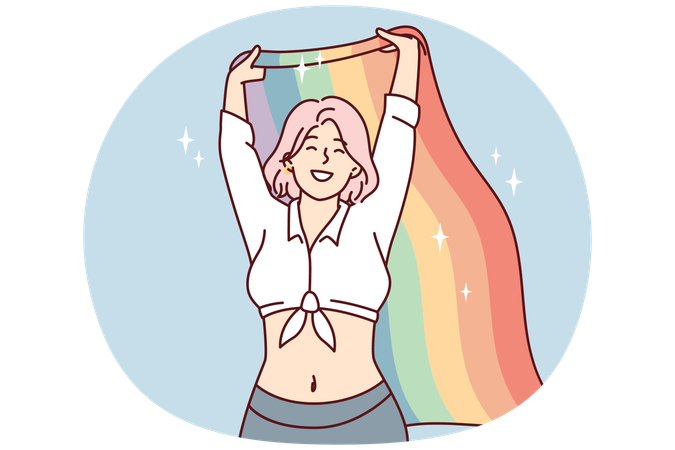 Une femme heureuse agitant un drapeau arc-en-ciel lors d'un événement pour les LGBT et les minorités sexuelles  Illustration