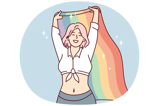 Une femme heureuse agitant un drapeau arc-en-ciel lors d'un événement pour les LGBT et les minorités sexuelles  Illustration