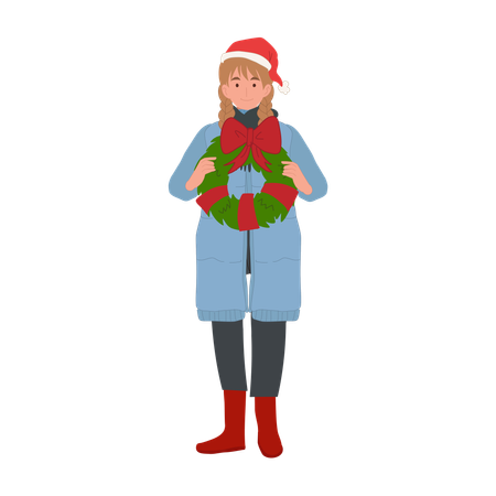 Femme heureuse avec couronne de Noël  Illustration