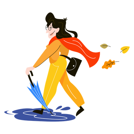 Femme heureuse avec parapluie marchant  Illustration