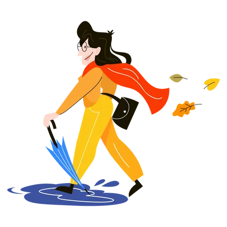 Femme heureuse avec parapluie marchant  Illustration