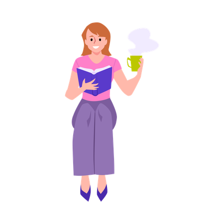 Une femme heureuse avec une tasse de thé chaud est assise et lit un livre  Illustration