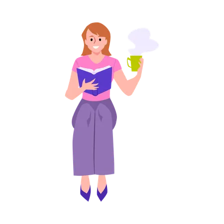 Une femme heureuse avec une tasse de thé chaud est assise et lit un livre  Illustration