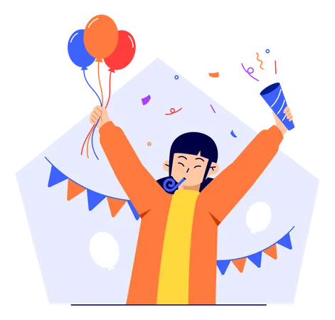 Femme heureuse célébrant un événement avec un ballon et des confettis  Illustration