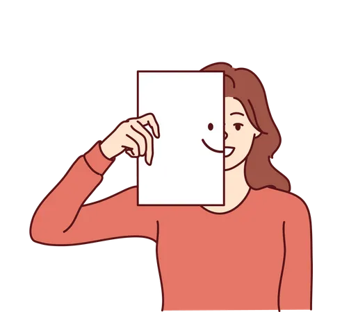 Une femme heureuse couvre la moitié du visage avec du papier avec une émoticône souriante  Illustration