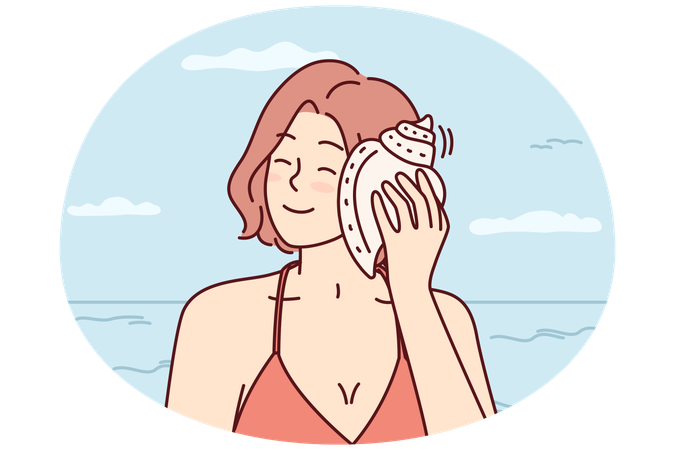 Une femme heureuse écoute le bruit de la mer en mettant un coquillage sur son oreille et en fermant les yeux, en rêvant  Illustration