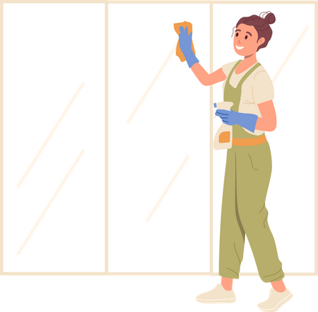 Femme heureuse, employée de maison, lave la fenêtre à l'aide d'une serviette de nettoyage et d'un désinfectant  Illustration