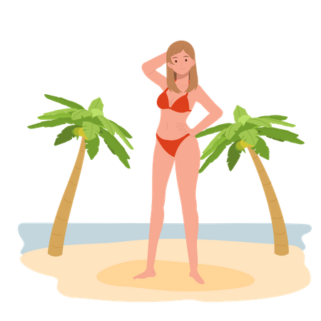 Femme heureuse en bikini sur la plage  Illustration