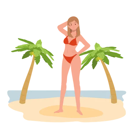 Femme heureuse en bikini sur la plage  Illustration