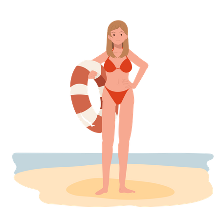 Femme heureuse en bikini tenant un ballon de plage sur la plage  Illustration