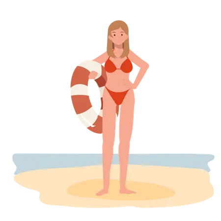 Femme heureuse en bikini tenant un ballon de plage sur la plage  Illustration