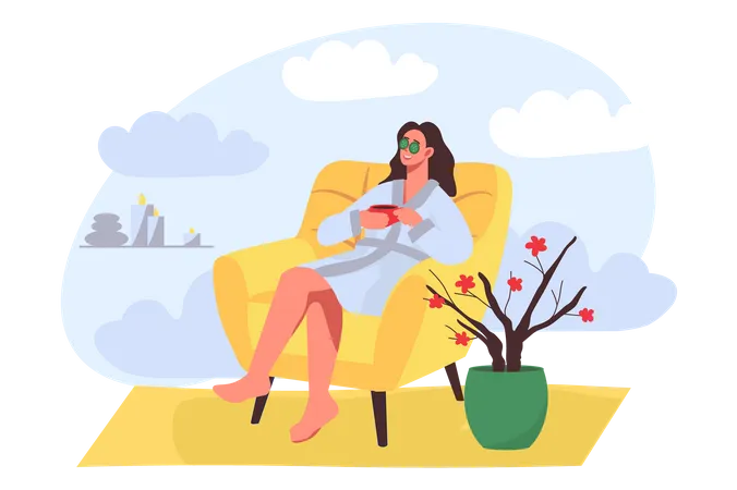 Femme heureuse en peignoir se relaxant dans un fauteuil confortable et buvant du thé aux herbes  Illustration