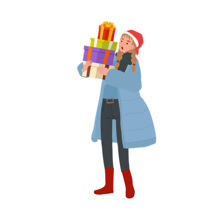 Femme heureuse en tenue d'hiver avec des coffrets cadeaux  Illustration