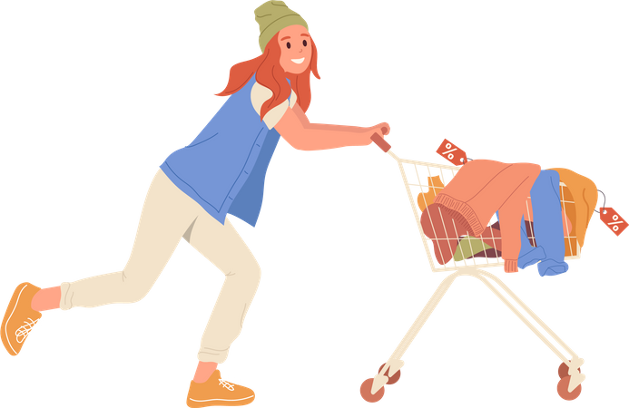Heureuse femme excitée accro au shopping poussant le chariot avec des vêtements de mode achetés avec réduction  Illustration