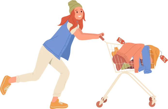 Heureuse femme excitée accro au shopping poussant le chariot avec des vêtements de mode achetés avec réduction  Illustration