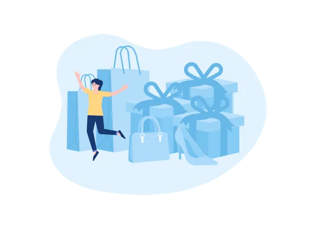 Femme heureuse faisant du shopping en ligne et recevant des cadeaux promotionnels  Illustration