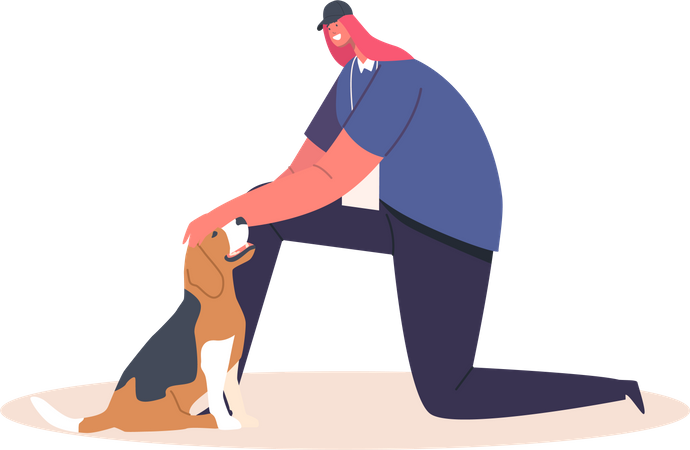 Femme heureuse jouant avec un chien  Illustration