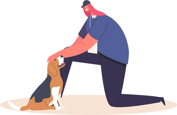 Femme heureuse jouant avec un chien  Illustration