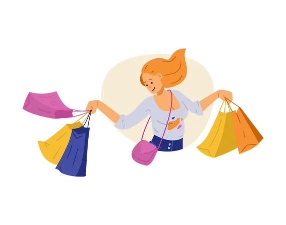 Femme heureuse et joyeuse avec des sacs de magasin  Illustration