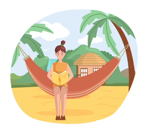 Femme heureuse lisant un livre en vacances  Illustration