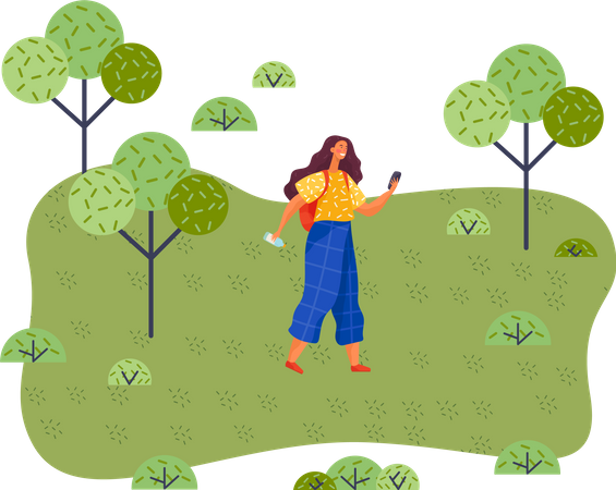 Une femme heureuse marche dans le parc par une journée ensoleillée  Illustration