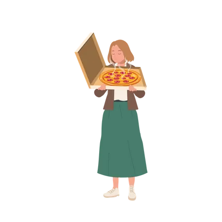 Une femme heureuse sent une pizza savoureuse dans une boîte  Illustration