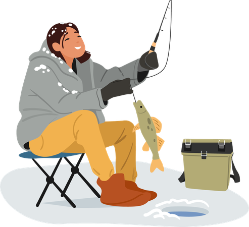 Femme heureuse en train de pêcher et se sentant bien pendant une période de pêche réussie pendant les vacances d'hiver  Illustration