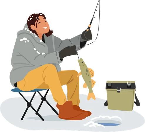 Femme heureuse en train de pêcher et se sentant bien pendant une période de pêche réussie pendant les vacances d'hiver  Illustration