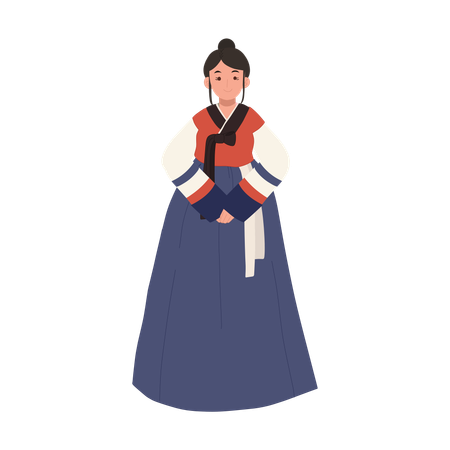 Femme heureuse portant le hanbok de robe traditionnelle coréenne  Illustration