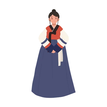 Femme heureuse portant le hanbok de robe traditionnelle coréenne  Illustration